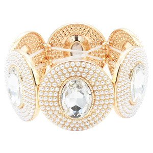 Bracciale di cristallo di colore bianco con disegno di perline elasticizzato placcatura in oro - Product Image 2