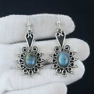 Pendientes de Labradorita Azul Natural, Ovalados, Plata de Ley 925, Chapados en Oro, Bonitos, para Mujer, Regalo de Aniversario - Product Image 3