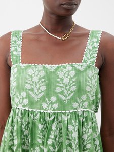 Vestido Midi de Algodón Jersey Transpirable con Estampado Floral Verde, Cuello Cuadrado, Corte A, Sin Mangas, Estilo Casual Prairie Chic de Verano con Volantes y Cintura Imperio - Product Image 4