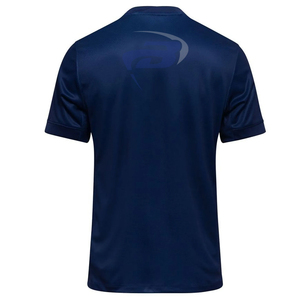 Maillot de football bleu et rouge à motif géométrique, respirant, 100 % polyester, col en V, personnalisable avec le nom de l'équipe - Product Image 3
