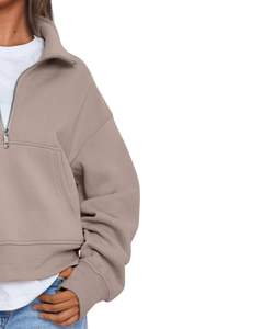 Beige Half Zip Crop Fleece Sweatshirt <b>Women</b> Oversized <b>Warm</b> Winter Pullover With Pocket Soft Casual Cozy <b>Top</b> - Product Image 3