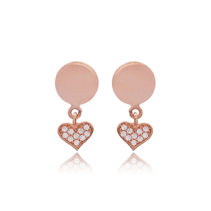 Boucles d'oreilles minimalistes rondes en argent sterling 925 avec zircon cubique en forme de cœur, fabrication artisanale turque, vente en gros, bijoux fins - Product Image 1