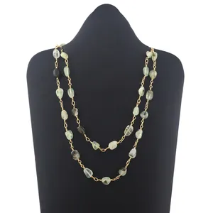 Collar de capa larga de una sola hebra con cuentas de Prehnita chapadas en oro de latón para bodas y regalos - Product Image 1