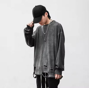 T-shirt en coton vintage lavé à prix avantageux 2026, t-shirt à trous déchirés, grande taille, t-shirt à épaules tombantes de haute qualité pour hommes - Product Image 2