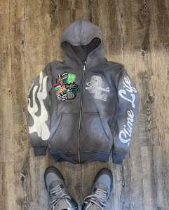 Fabricants de vêtements personnalisés lavage à l'acide strass déchiré sérigraphie à capuche Double taille empilé Baggy pantalons de survêtement ensemble éponge - Product Image 3