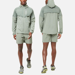 Chaquetas tejidas personalizadas para correr, ropa deportiva elástica de cuatro vías, bolsillos con cremallera, chándal ligero de poliéster con contraste de color para hombre - Product Image 2