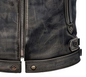 Peau de mouton véritable fabriquée en usine, gris vieilli, col de chemise vintage, chaud et léger Streetwear Zip-up Biker Racer Leather Vest - Product Image 5