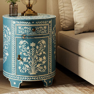 Mesita de noche hecha a mano con incrustaciones de hueso azul, diseño de vid floral, mesita de noche con cajón y gabinete - Product Image 3