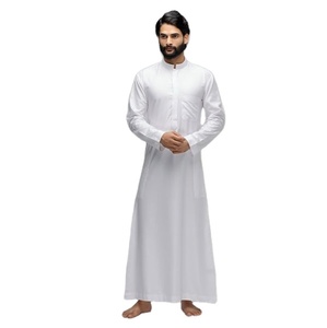 Venta superior ropa islámica manga larga hombres Thobe árabe Jubba árabe Thobe vestido árabe blanco teñido bolsillo personalizado parche hombres thobe - Product Image 1