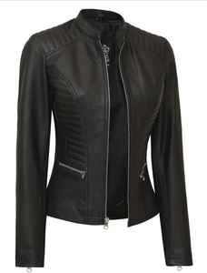Blouson de moto en cuir de mouton brut noir pour femme, coupe ajustée matelassée avec fermeture éclair, vêtement d'extérieur - Product Image 2