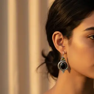 925 Sterling Silver Black Onyx & <b>Peridot</b> Stud <b>Earrings</b> for Women Rose Gold Diamond Ruby Trendy Geometric Style for Engagement - Product Image 1