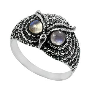 Nouvelle arrivée Design de luxe 925 argent Sterling oxydé naturel arc-en-ciel pierre de lune hibou forme anneau pour femme filles bijoux faits à la main - Product Image 1