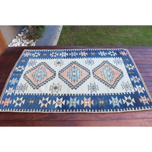 Alfombra Turca Vintage, Alfombra de Lana Persa Azul y Blanca de 4.2x6.3 pies - Product Image 3