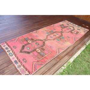 Tapis turc vintage 3,2x8,2 pi (99x249 cm), tapis oriental en laine rose - Product Image 2