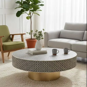 Table basse ronde contemporaine en os incrusté, fabriquée à la main, écologique, imperméable, décoration de luxe, accent au meilleur prix - Product Image 1