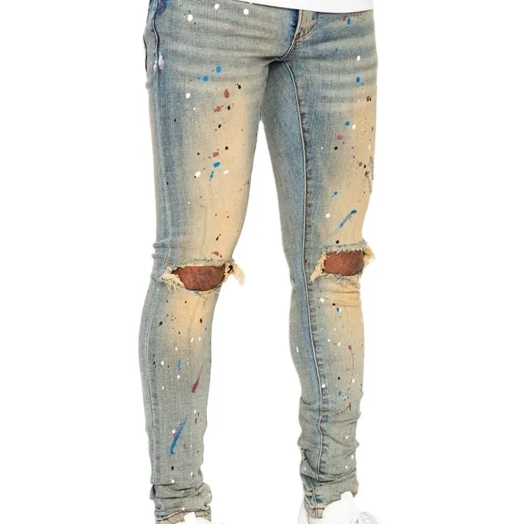 מכנסיים סקיני ג 'ינס סקיני ג' ינס קרעים נקרע במערב וינטג 'כחול צבע splash splatters ג' ינס קצה ג 'ינס