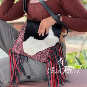 Unique Western Style Tooled Hair on Hide Fur Leather Sling Bag Women Embossed Colour Tooled Fur Leather Vintage Style Side Bags - Product Image 1