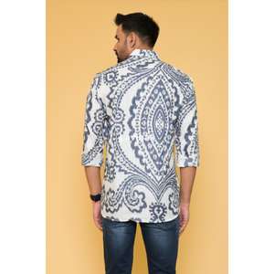 Camisa con estampado Ikat azul hecha a mano cómoda 100% algodón Floral verano Casual ropa de playa bloque impreso con colores azul blanco - Product Image 5