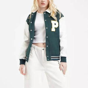 Custom Dark Green White Plaid Canvas Women's Varsity <b>Jacket</b> Windproof Eco-Friendly College Style Streetwear Outerwear - Product Image 1