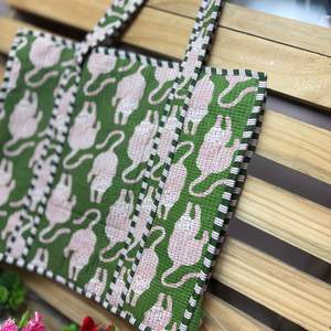 Bolsa de Mano de Algodón Acolchada con Estampado de Bloques Verdes, Hecha a Mano, Estilo Bohemio Vintage, con Cierre de Cremallera para Mujer, para Verano, Invierno y Primavera - Product Image 5