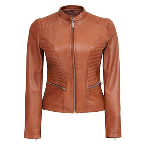 Women's Brown Quilted Faux Lambskin Leather Bomber Motorcycle Jacket <b>Zipper</b> Closure Breathable Regular Fit Customizable (XXS) - Product Image 4