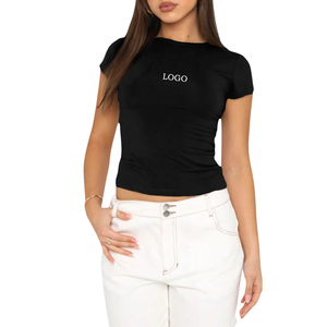 Camiseta recortada de moda para mujer con texto personalizado, camiseta con tu diseño aquí, camiseta para mujer, camiseta de manga corta con cuello redondo de Color sólido - Product Image 1