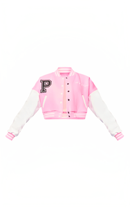 Chaqueta de cuero de bombardero universitario recortada rosa para mujer a precio de fábrica, chaqueta de béisbol para mujer, Chaqueta corta de lana con letras para mujer - Product Image 4