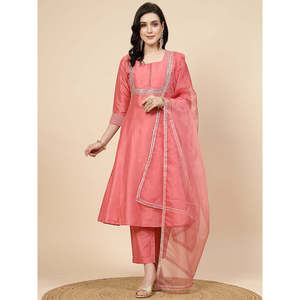 Kurta y Pantalones Anarkali de Satén Color Durazno para Mujer con Bordado de Espejo y Dupatta - Product Image 2