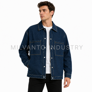 <b>Men</b>’s Custom Dark Blue Denim <b>Jacket</b> | Relaxed Fit Utility <b>Trucker</b> <b>Jacket</b> with Dual Front Pockets | Vintage Washed Jean <b>Jacket</b> - Product Image 3