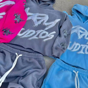 Ensemble pantalon de survêtement et sweat à capuche brodés en détresse Streetwear survêtement délavé à l'acide respirant personnalisé - Product Image 4