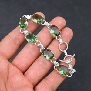 Pulsera de amatista verde creada en laboratorio Premium para mujer, ovaladas de piedras preciosas chapada en plata con 5 10x14 MM, joyería fina - Product Image 6