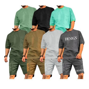 Trajes de algodón de manga corta ajustados informales para hombre Conjunto de dos piezas de moda simple para verano Transpirable y elegante - Product Image 4