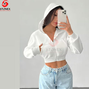 Sweat à capuche court pour femme, nouvelle arrivée, de haute qualité, en polyester/coton, manches courtes, décontracté, avec fermeture éclair - Product Image 2