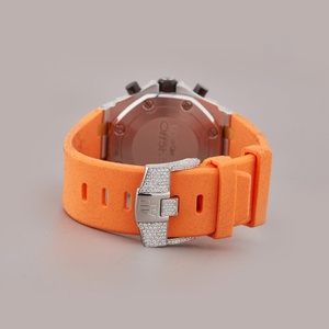 Montre chronographe de luxe antique en moissanite glacée, cadran en verre, bracelet en caoutchouc de 20 mm, cadran orange, design personnalisé avec diamants, acier inoxydable - Product Image 2
