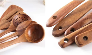 Juego de utensilios de cocina de madera de teca natural con soporte. Utensilios de Cocina de Madera Antiadherentes, Juego Duradero para Cocinar en Grandes Cantidades - Product Image 3