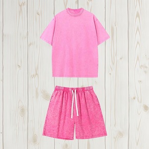 Couleur rose 2025 dernière conception usine en gros logo personnalisé hommes chemises délavées à l'acide à manches courtes t-shirt décontracté ensemble double - Product Image 6