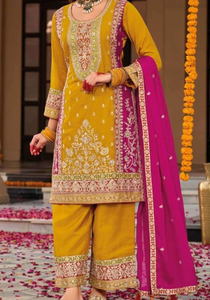 Traje de Chinon de algodón paquistaní indio de diseñador con trabajo de bordado Premium Plazzo & Dupatta para bodas y eventos especiales - Product Image 6