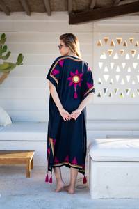2025 été vacances élégant femmes caftan haut décontracté brodé col en V longue robe manches courtes cheville longueur dernier - Product Image 3