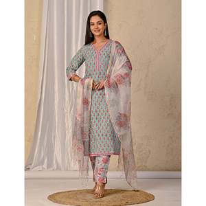 ชุดคุรตะผ้าฝ้ายพิมพ์ลายบล็อกสีเทอร์ควอยซ์ แขนสามส่วน สำหรับใส่ในชีวิตประจำวัน - Product Image 5