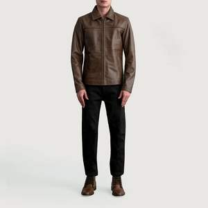 Veste en cuir marron personnalisée pour hommes, col montant, fermeture à glissière avec logo à l'avant, design décontracté pour l'hiver, service OEM, coupe-vent - Product Image 2