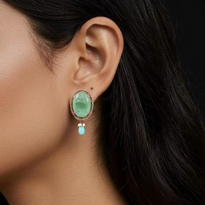 <b>Emerald</b> Halo Stud Earrings In 925 Sterling Silver With Gold Finish Minimalist Indian Festive <b>Jewelry</b> - Product Image 1