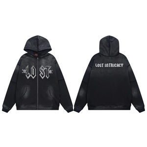 เสื้อมีฮู้ดแบบซิปผ่าไหล่น้ำหนักเบา400กรัมมีฮู้ดสไตล์วินเทจผ้าแอซิดกรดมีลายเรียงรายและมีโลโก้ด้านหน้า - Product Image 3