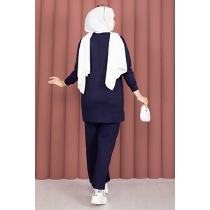 Conjunto de Dos Piezas Casual Azul Marino XXS, Túnica y Pantalones, Estilo Moderno con Adornos de Piedras en el Hombro - Product Image 4