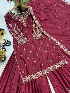 NOUVEAU SHARARA avec PLAZZO et KURTA TOP SALWAR KAMEEZ TRADITIONNEL POUR FÊTE, DÉTAIL EN CRÊPE ET LACETTE MOTI, Soie Pure - Product Image 4