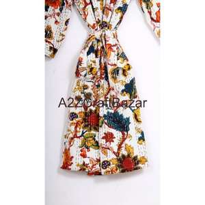 Robes longues à manches trois quarts à col en V à cordon de serrage en tissu floral tissé à la main Douces et respirantes Séchage rapide 100% coton pour femmes - Product Image 6