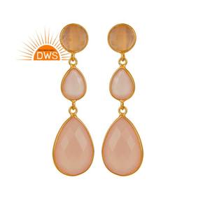 Dangle Designer Gold Plated Silver Earring Indian Rose Chalcedony Gemstone Earrings Supplier Jewelry - Product Image 4