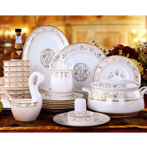 Wholesale European Custom Decal Bone China Dinner Set 60PCS Porcelain Plate Dinnerware Set for Household