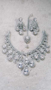 Premium Quality <b>Bridal</b> Anniversary <b>Set</b> Stainless Steel Includes <b>Necklace</b> Earrings Crystal Rhinestone Tikka Classic Stylish - Product Image 5