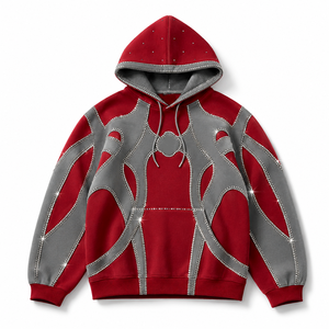Premium Custom <b>Red</b> Grey Rhinestone Trending Hoodie Heavyweight Cotton Fleece Oversized <b>Men</b> <b>Sweatshirt</b> Wholesale Manufacturer - Product Image 1