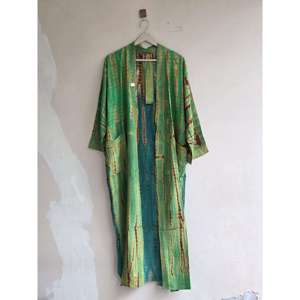Vintage Floral Sari <b>Kimono</b> Robe Long Boho Loungewear with Drawstring <b>Plus</b> <b>Size</b> Friendly 1 Piece Bohoattire Crepe Silk - Product Image 2